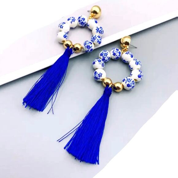 Chinoiserie Beaded Blue and White Tassel Earrings - Picture 1 of 2